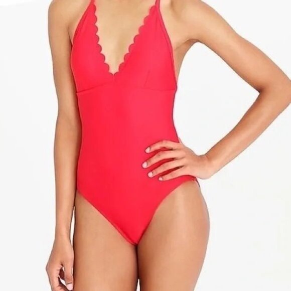 J.Crew Scalloped V-Neck One-Piece Swimsuit in Bright Red - Sz 12 - NWT - Picture 1 of 9